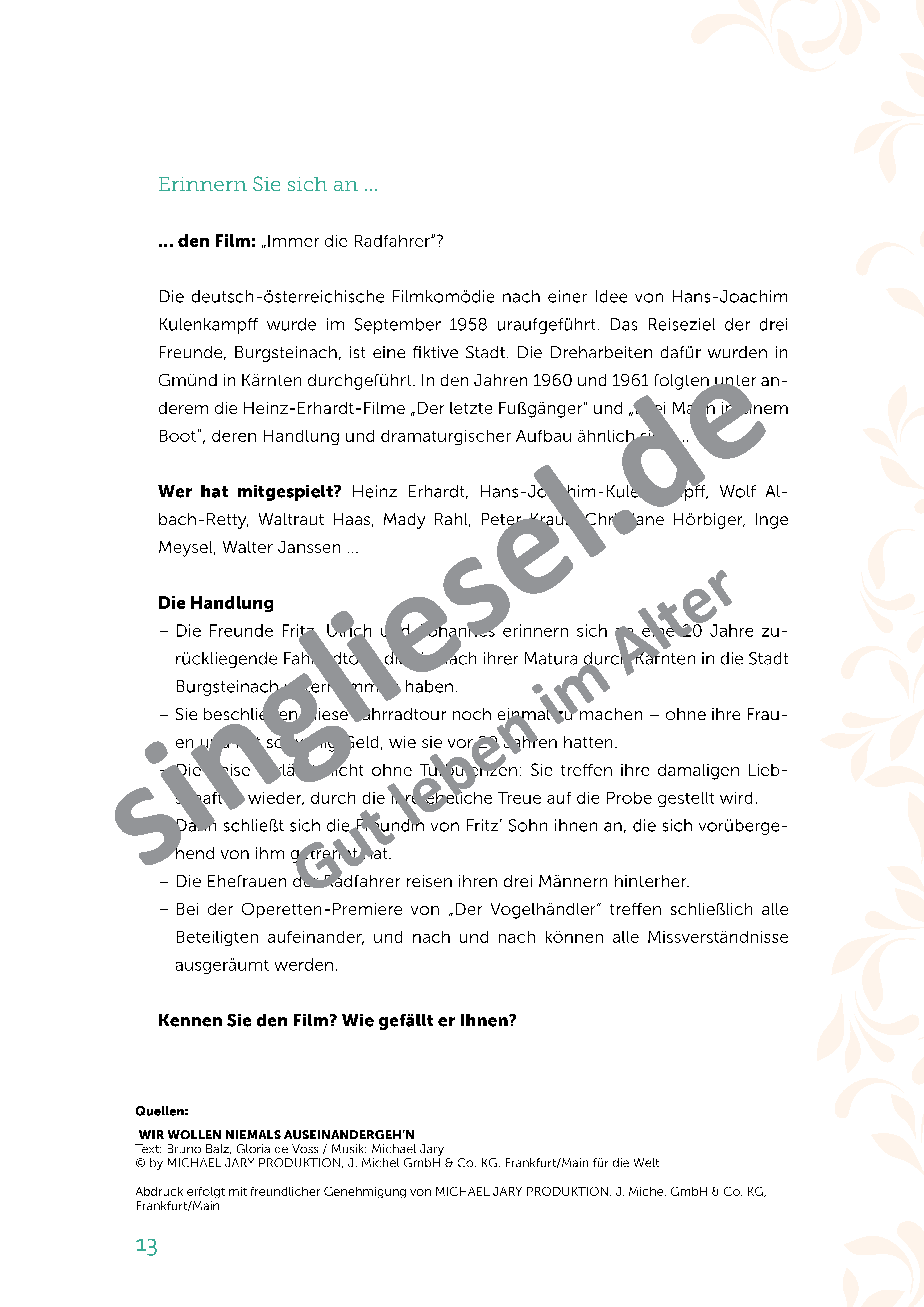 Niemals auseinandergehn - Schlagergeschichten Aktivierungs-Stunde (Sofort-Download als PDF)