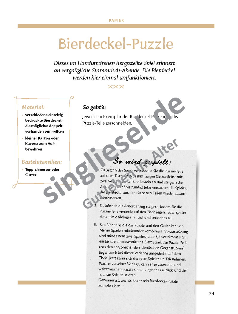 Basteln mit Senioren Tolle Bastelideen mit Papier Sofort-Download als PDF Bierdeckel Puzzle Bastelanleitung