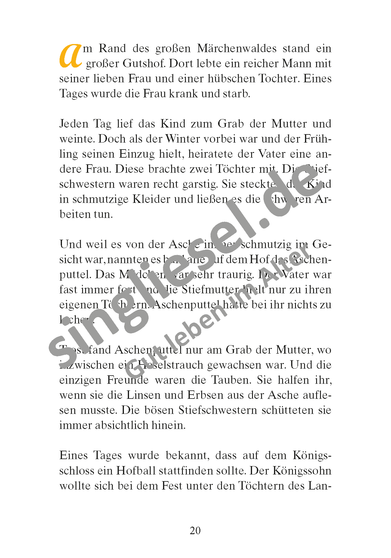 Märchen für Senioren. „Aschenputtel“ u.v.m. (PDF) Vorlesegeschichte Seite 1