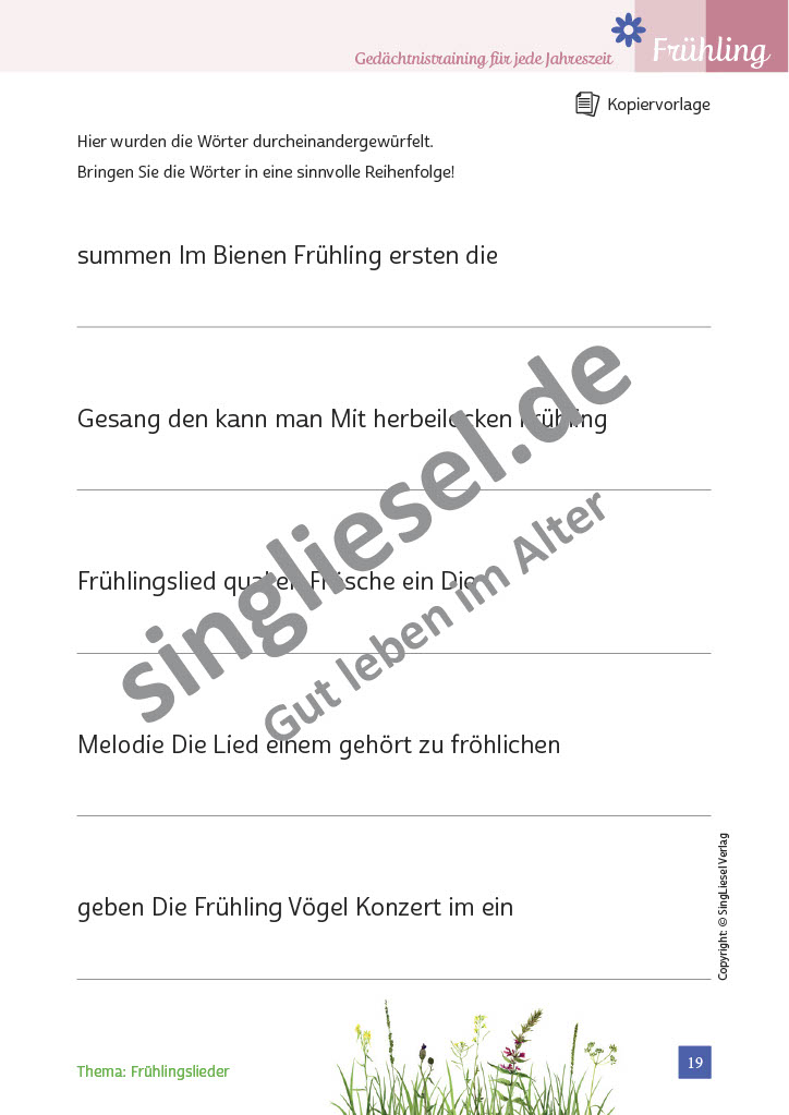 Gedächtnistraining für jede Jahreszeit  Frühling - Frühlingslieder (Sofort-Download als PDF) Schüttelsätze