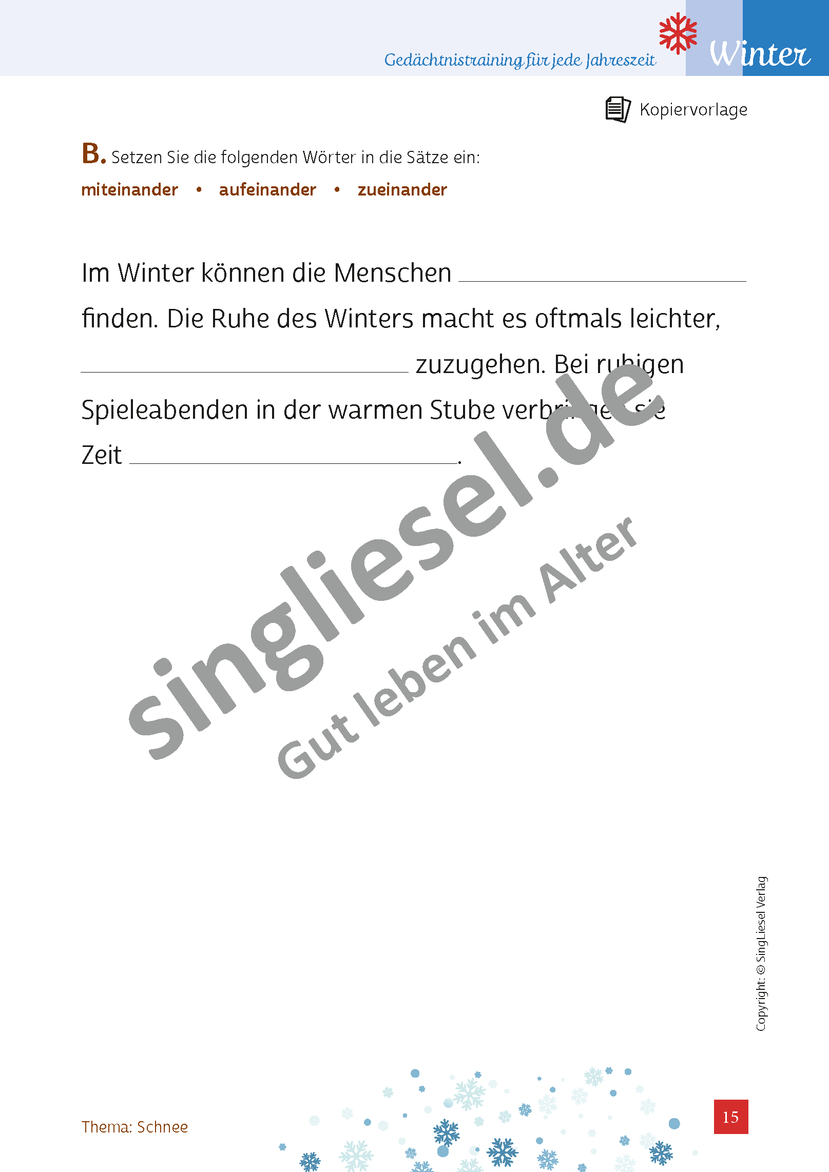 Gedächtnistraining Senioren. Winter. Sterne. Kopiervorlage "Lücken füllen" (PDF)