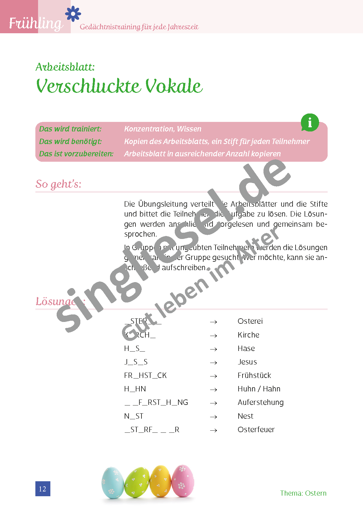 Gedächtnistraining für jede Jahreszeit -Thema: Ostern (Sofort-Download als PDF) Verschluckte Vokale