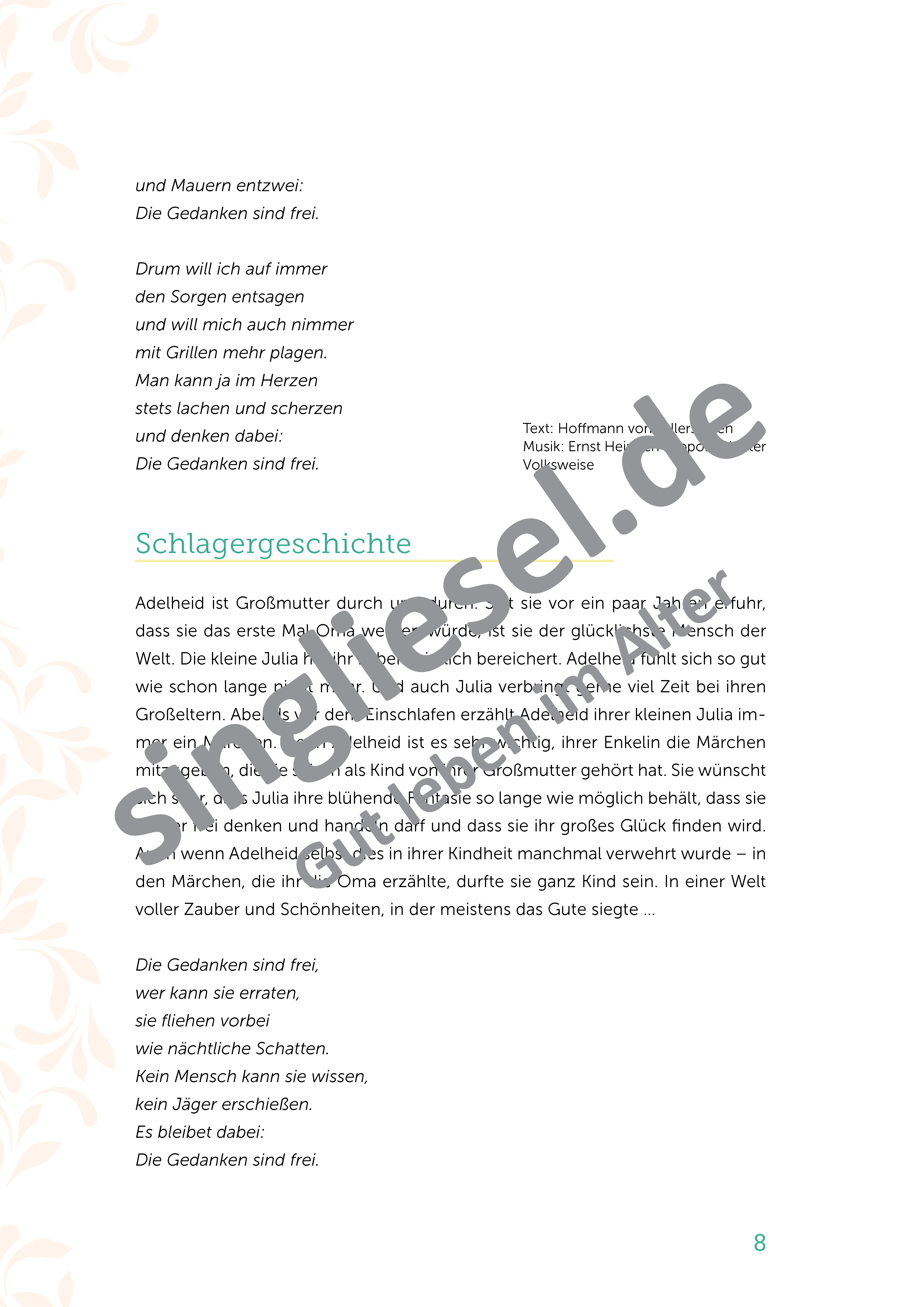 Die Gedanken sind frei - Schlagergeschichten Aktivierungs-Stunde (Sofort-Download als PDF)