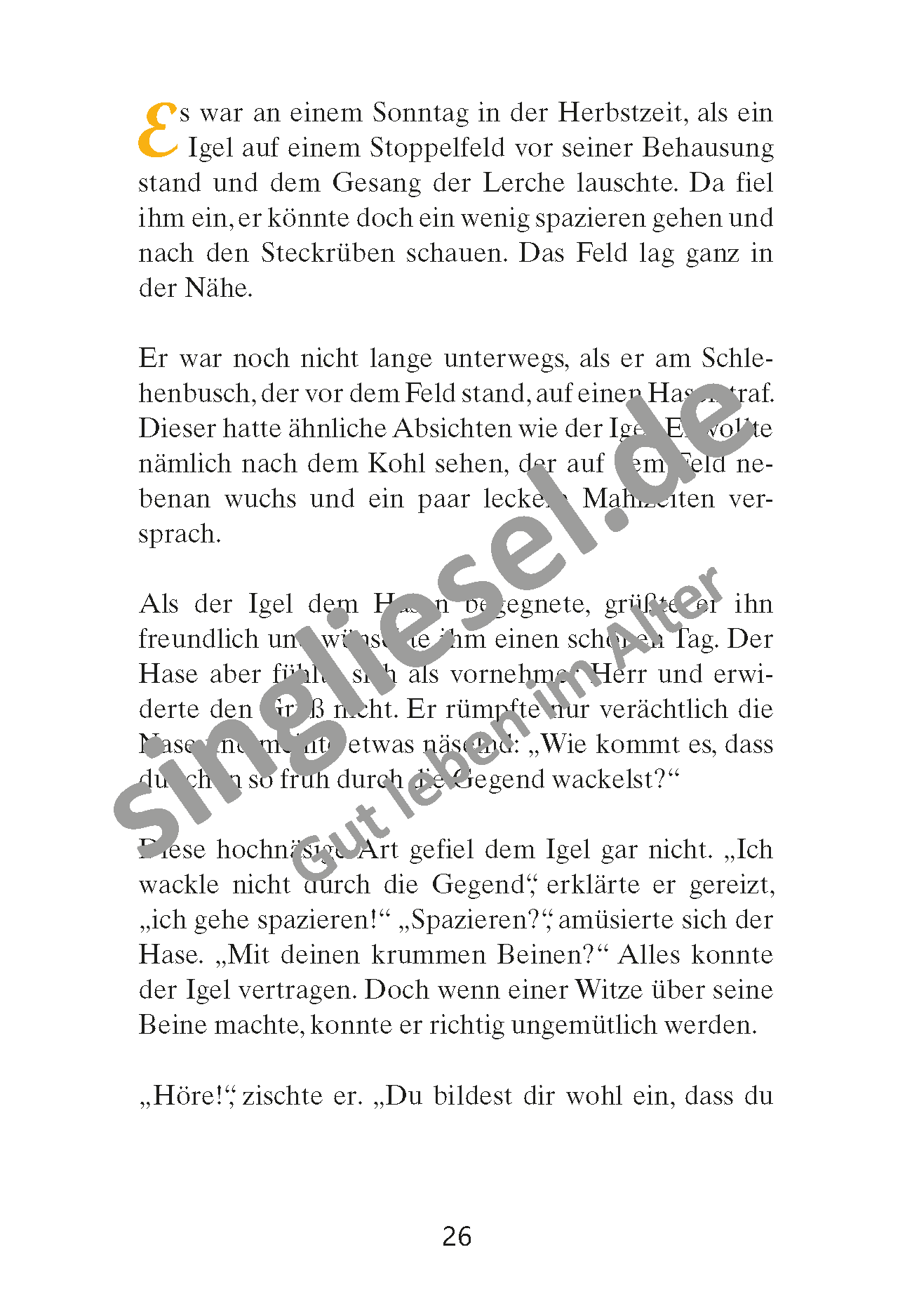 Märchen für Senioren. „Hase und Igel“ u.v.m. (PDF) Vorlesegeschichte Seite 1